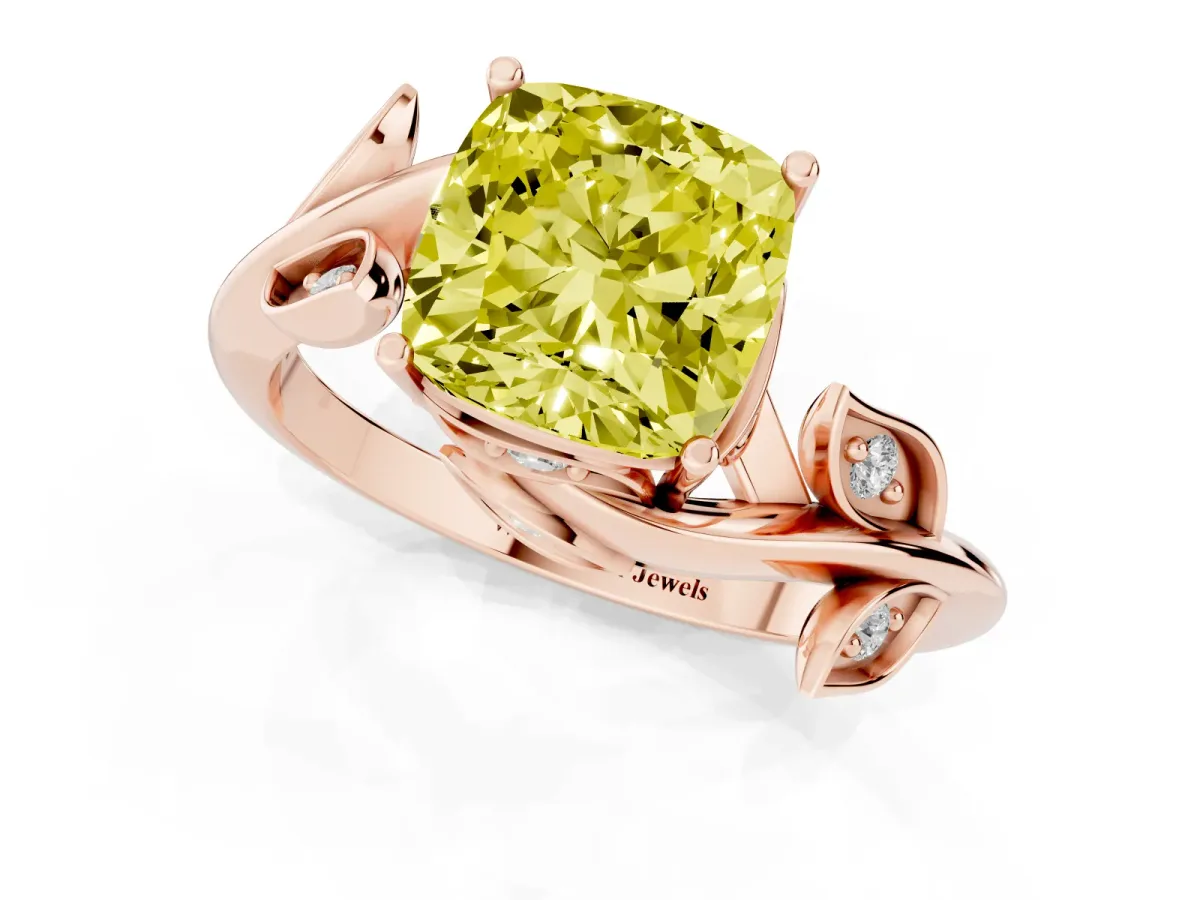 Fancy Yellow Cushion Cut Solitaire Twist Engagement Ring with Leaf Accents and Prong Setting Rose gold