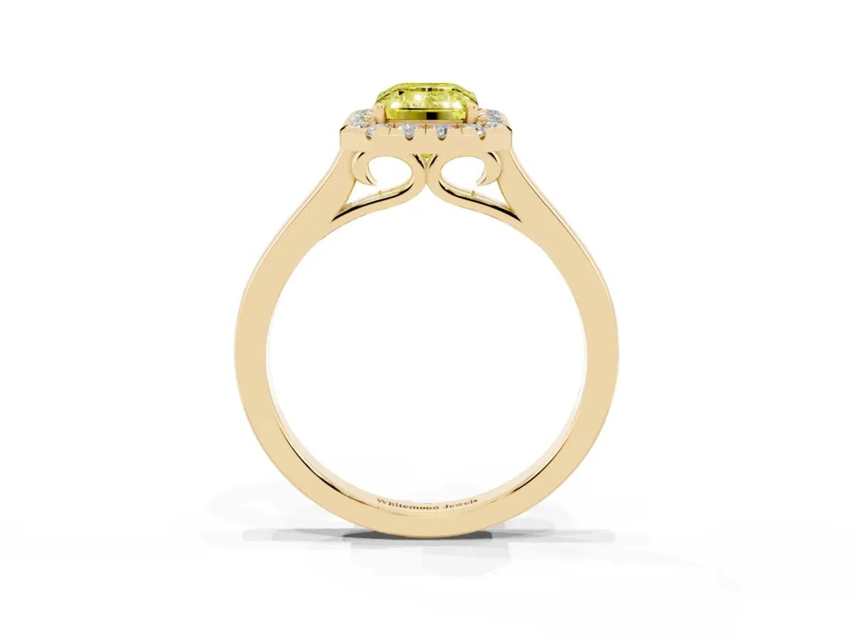 Fancy Yellow Emerald Cut Halo Round Diamond Solitaire Ring with Pavé Band and Four-Prong Setting Yellow gold