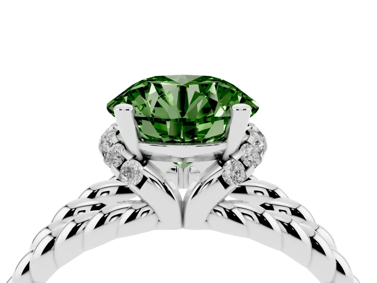 Fancy Green Round Cut Halo Twisted Band Four-Prong Ring Silver