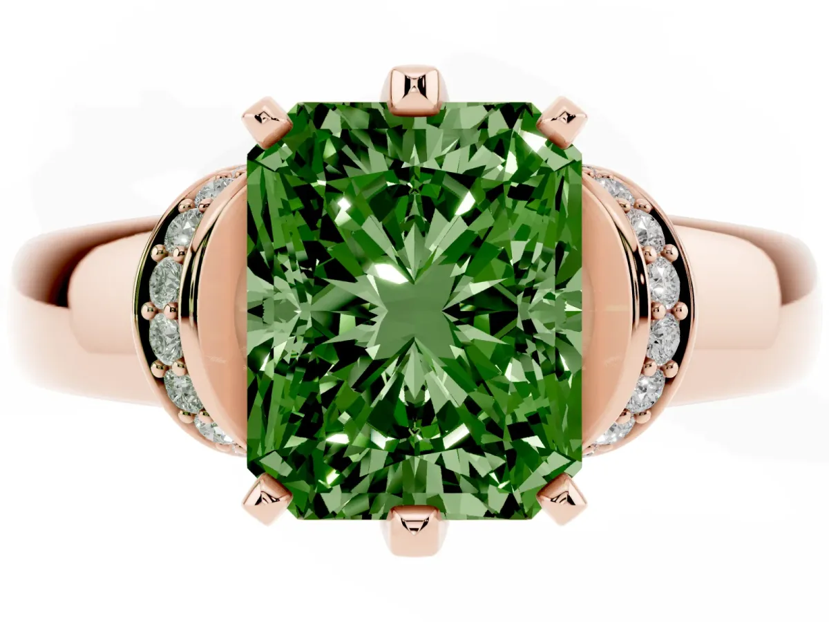 Fancy Green Radiant Cut Solitaire Diamond Ring with Pave Band and Six-Prong Setting Rose gold