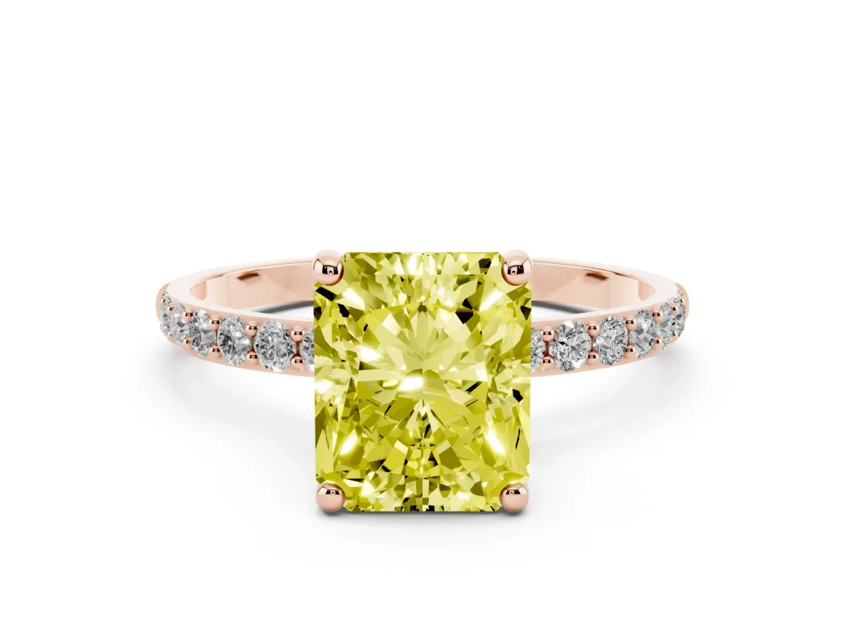Fancy Yellow Radiant Cut Diamond Solitaire Ring with Round Pavé Band and Prong Setting Rose gold