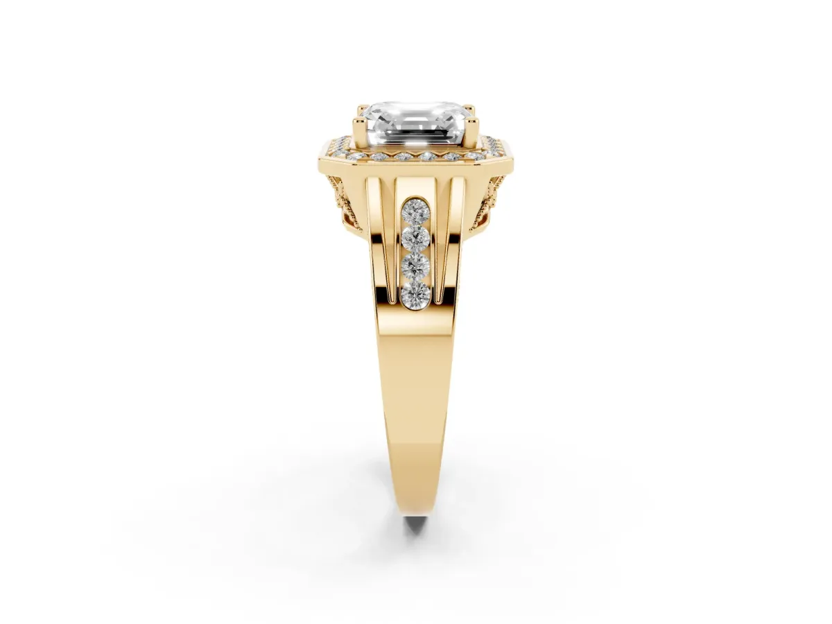Asscher Cut Diamond Halo Ring with Split Shank and Bezel Accents and Prong Setting Yellow gold