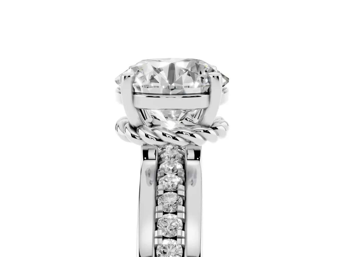 Round Cut Solitaire Diamond Ring with Channel Set Band and Six-Prong Setting Silver