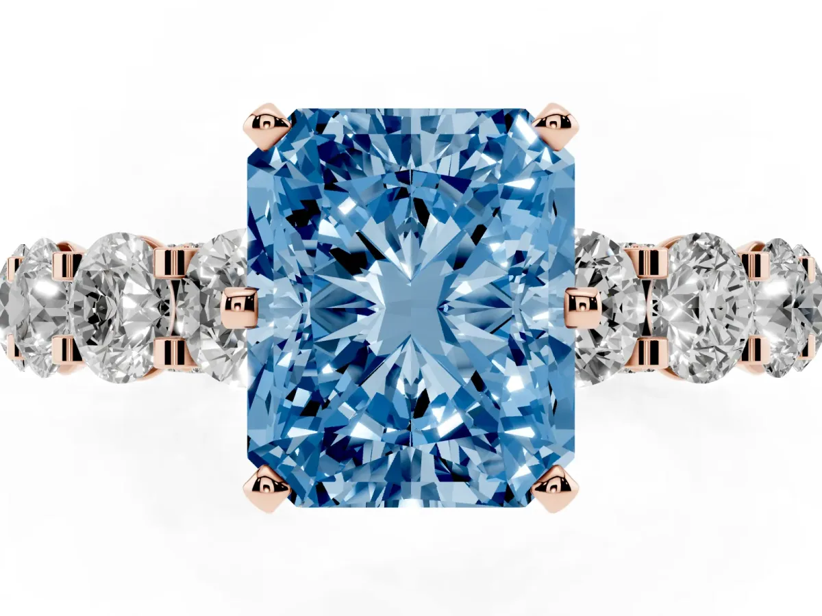 Fancy Blue Radiant Cut Diamond Side Stone Engagement Ring with Four-Prong Setting Rose gold
