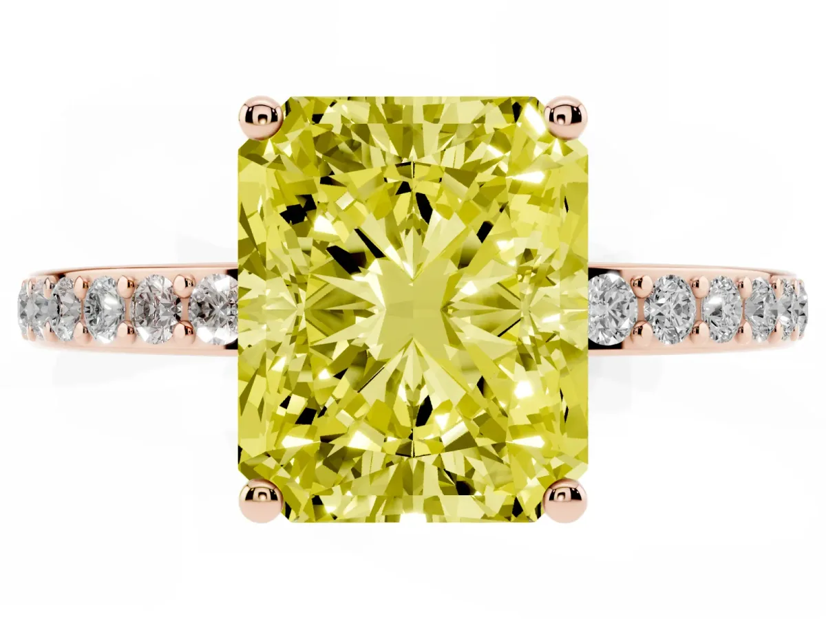 Fancy Yellow Radiant Cut Cut Diamond Pavé Band Ring with Four-Prong Setting Rose gold