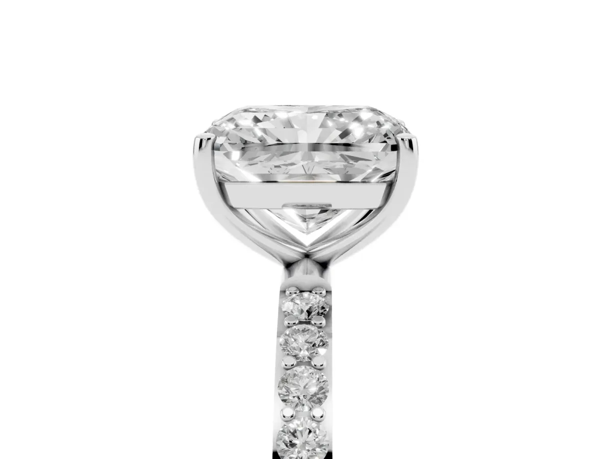 Radiant Cut Diamond Solitaire Ring with Round Pavé Shoulders and Prong Setting Platinum