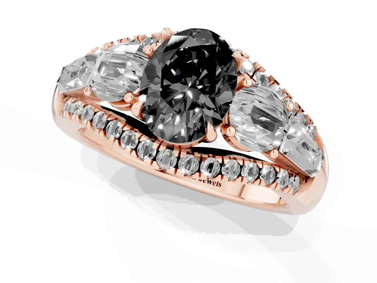Fancy Black Three-Stone Oval Cut Diamond Engagement Ring with Pave Band and Prong Setting Rose gold