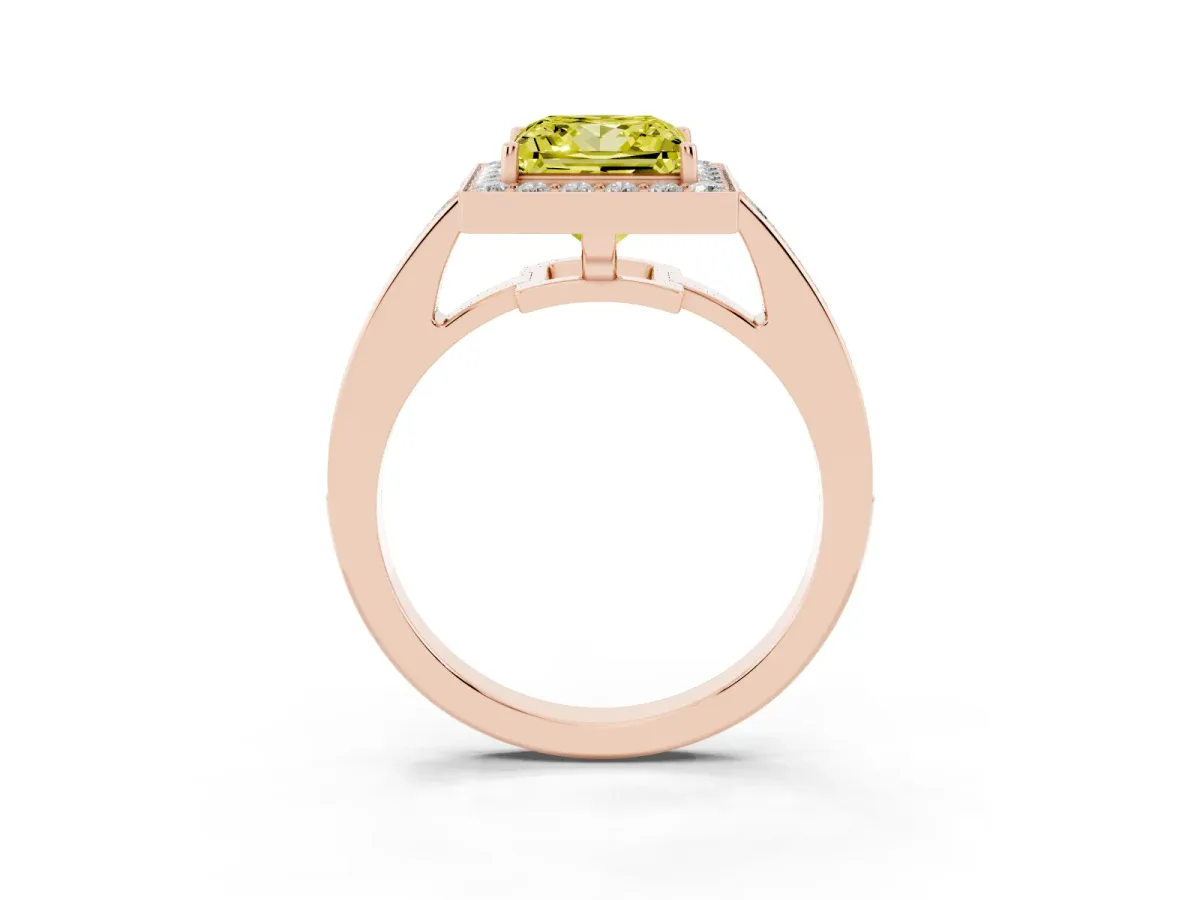 Fancy Yellow Princess Cut Halo Pavé Diamond Engagement Ring with Bezel Setting Rose gold