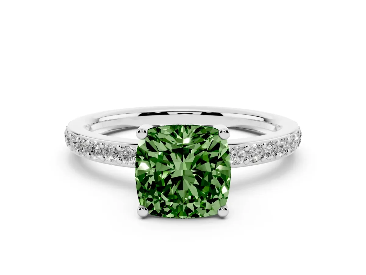 Fancy Green Cushion Cut Cut Diamond Pavé Band Ring with Four-Prong Setting Silver