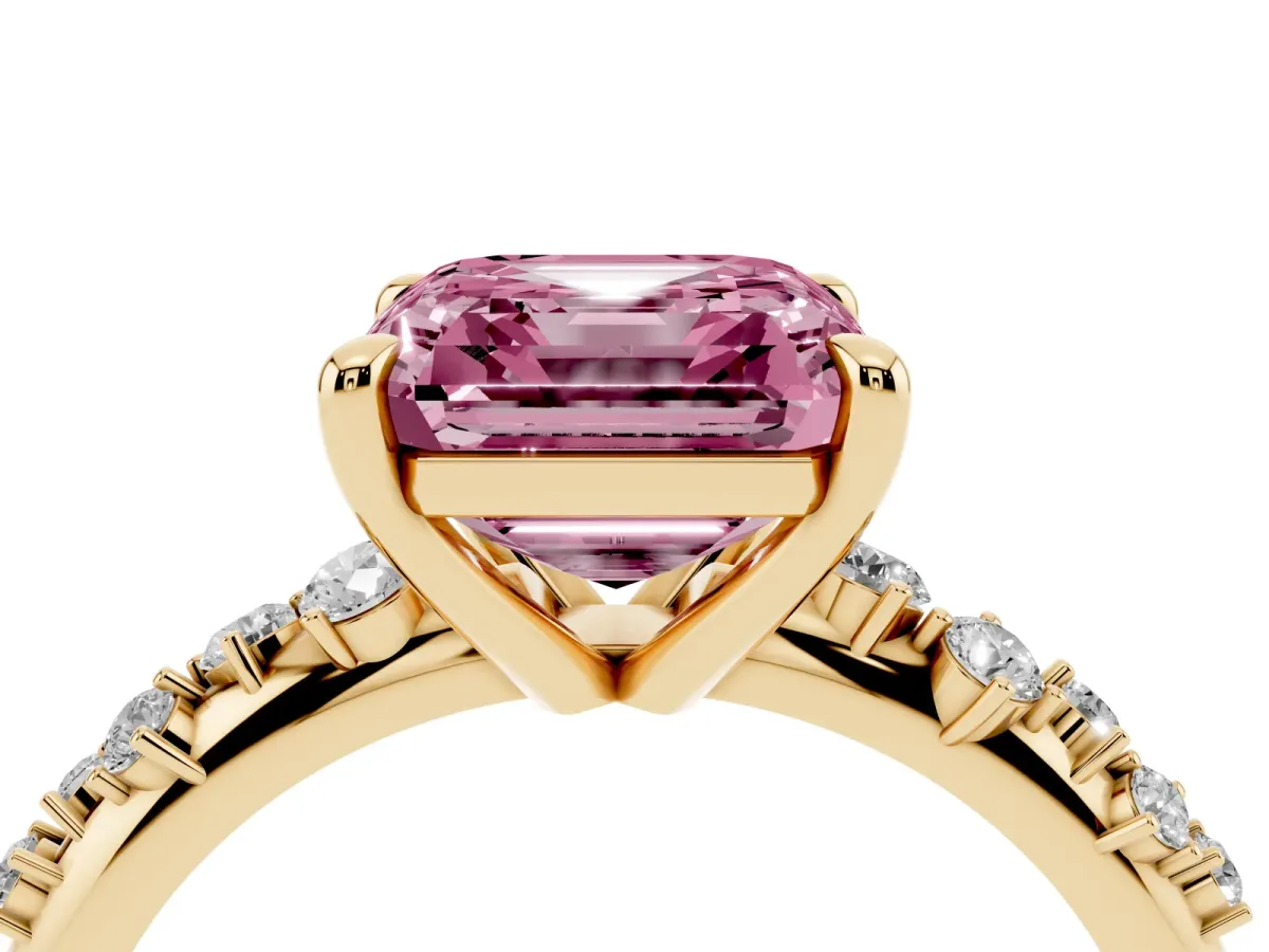 Fancy Pink Asscher Cut Cut Diamond Vine Band with Four-Prong Setting Yellow gold
