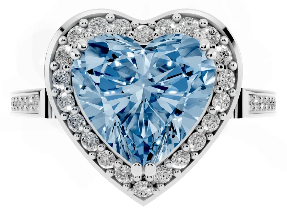 Fancy Blue Heart Cut Diamond Halo Ring with Split Shank and Four-Prong Setting Silver