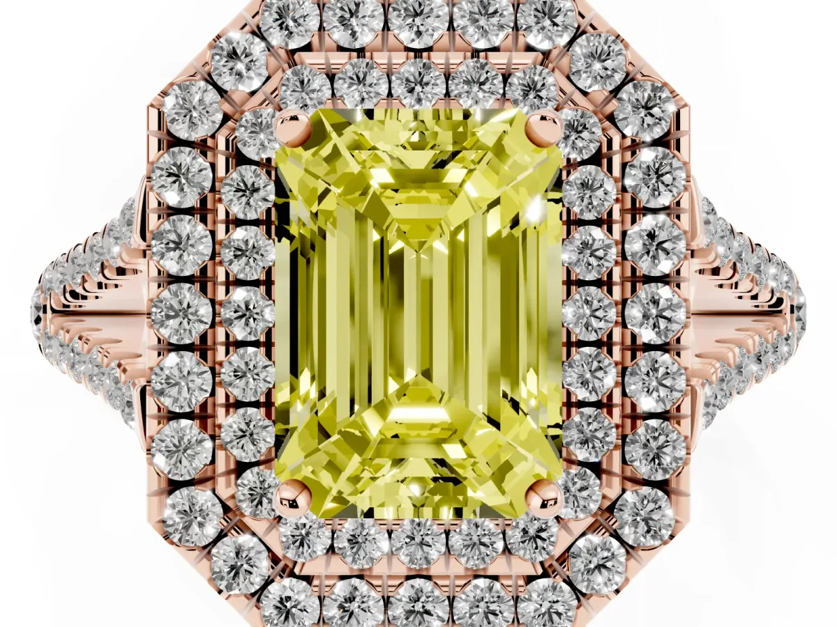 Fancy Yellow Emerald Cut Diamond Double Halo Ring with Pavé Band and Prong Setting Rose gold