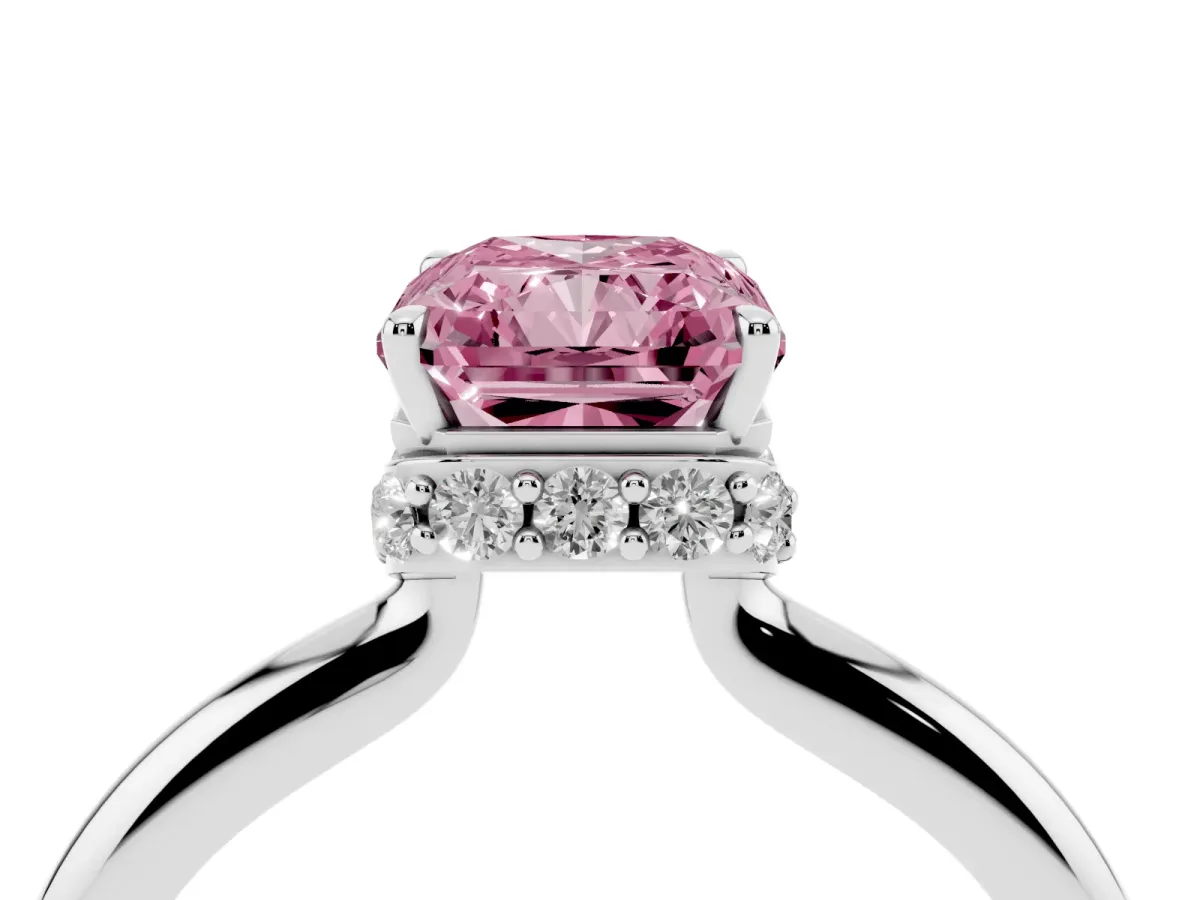 Fancy Pink Radiant Cut Brilliant Solitaire Engagement Ring with Six-Prong Setting and Classic Band Silver
