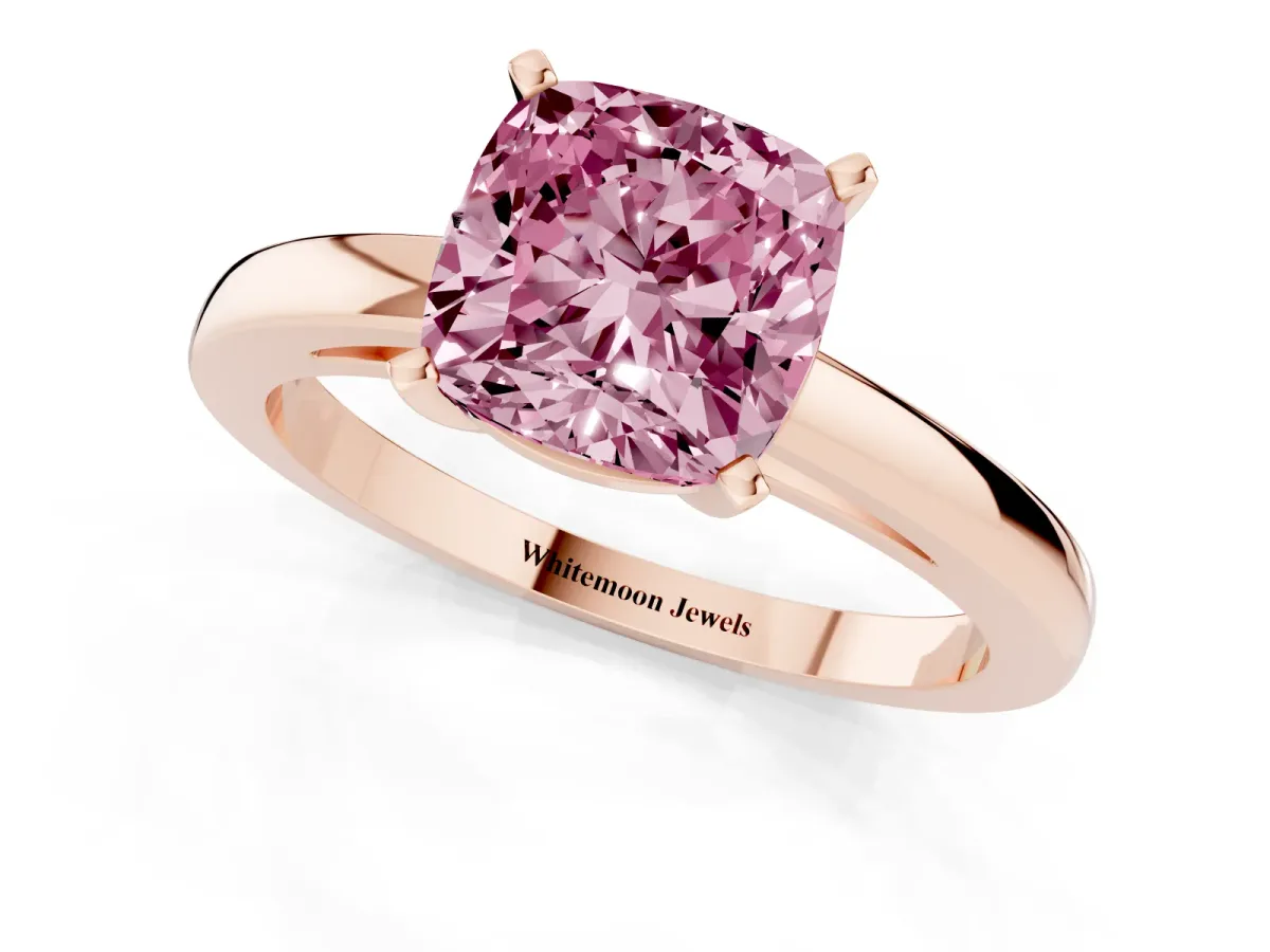 Fancy Pink Cushion Cut Solitaire Diamond Engagement Ring with Four-Prong Setting on a Classic Band Rose gold