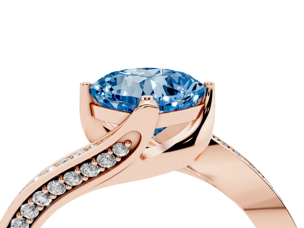 Fancy Blue Cushion Cut Solitaire Diamond Twist Band with Pavé Setting and Four-Prong Setting Rose gold