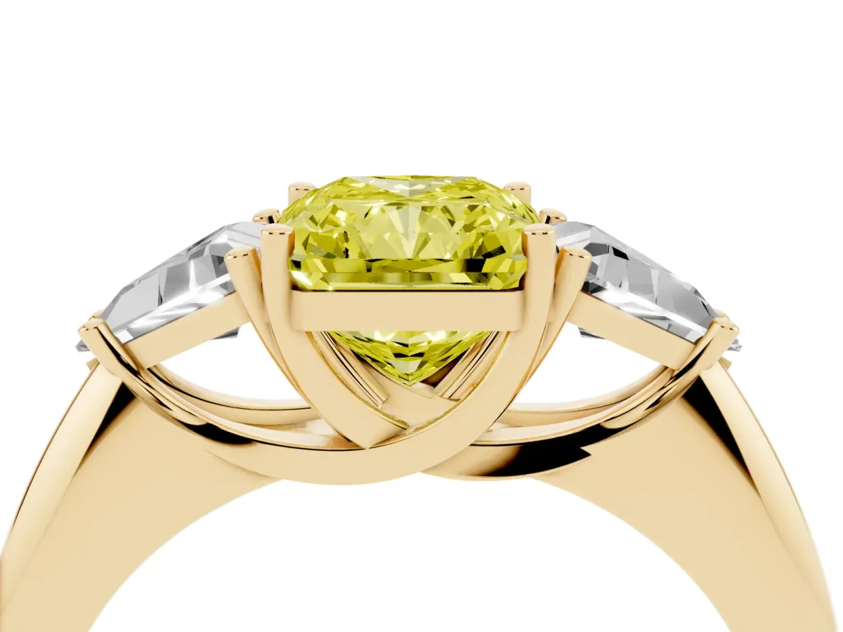 Fancy Yellow Three-Stone Radiant Cut Diamond Engagement Ring with Trillion Side Stones and Prong Setting Yellow gold