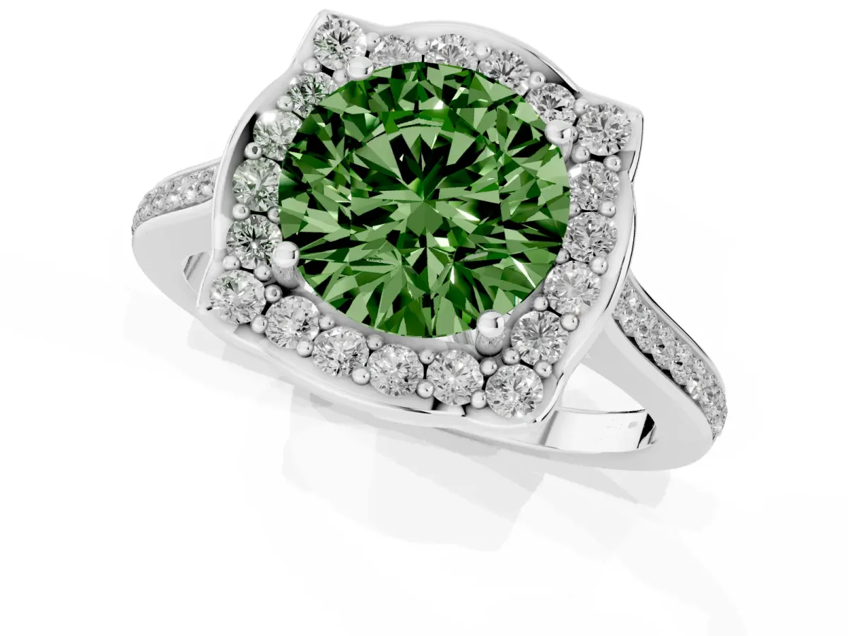 Fancy Green Round Cut Halo Round Diamond Pave Band with Four-Prong Setting Silver