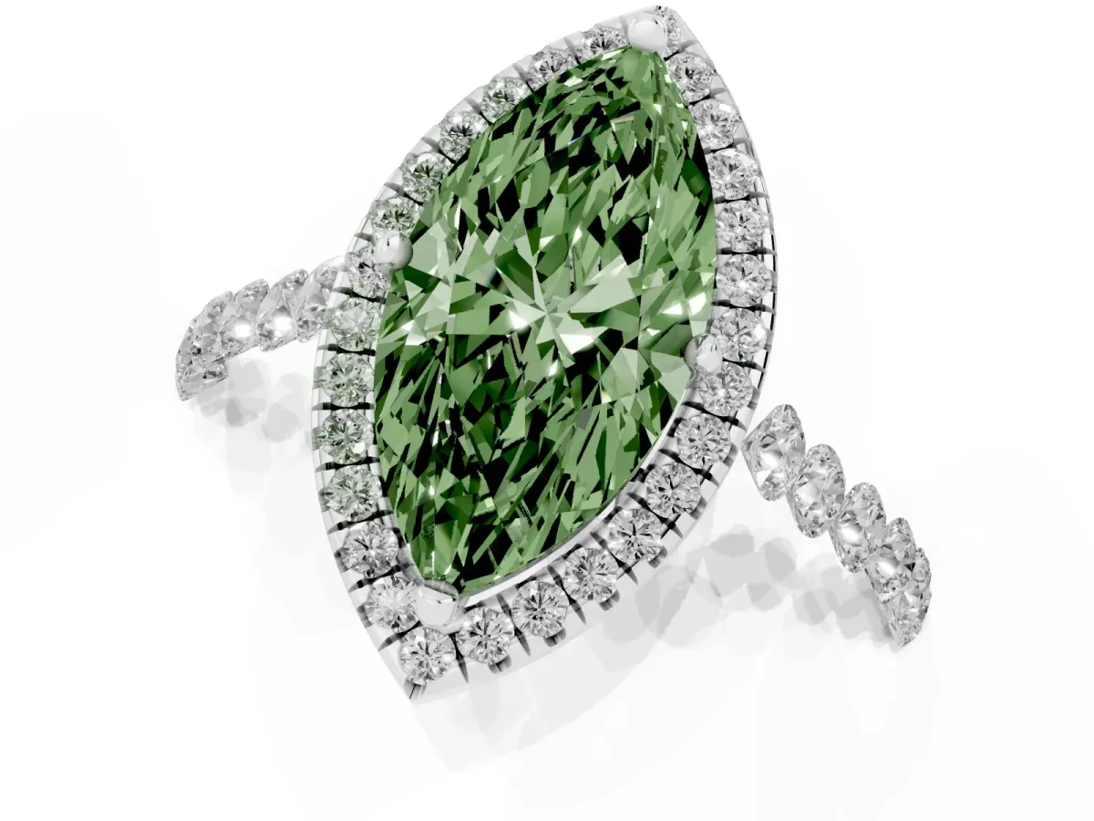 Fancy Green Marquise Cut Halo Pavé Diamond Engagement Ring with Four-Prong Setting Silver