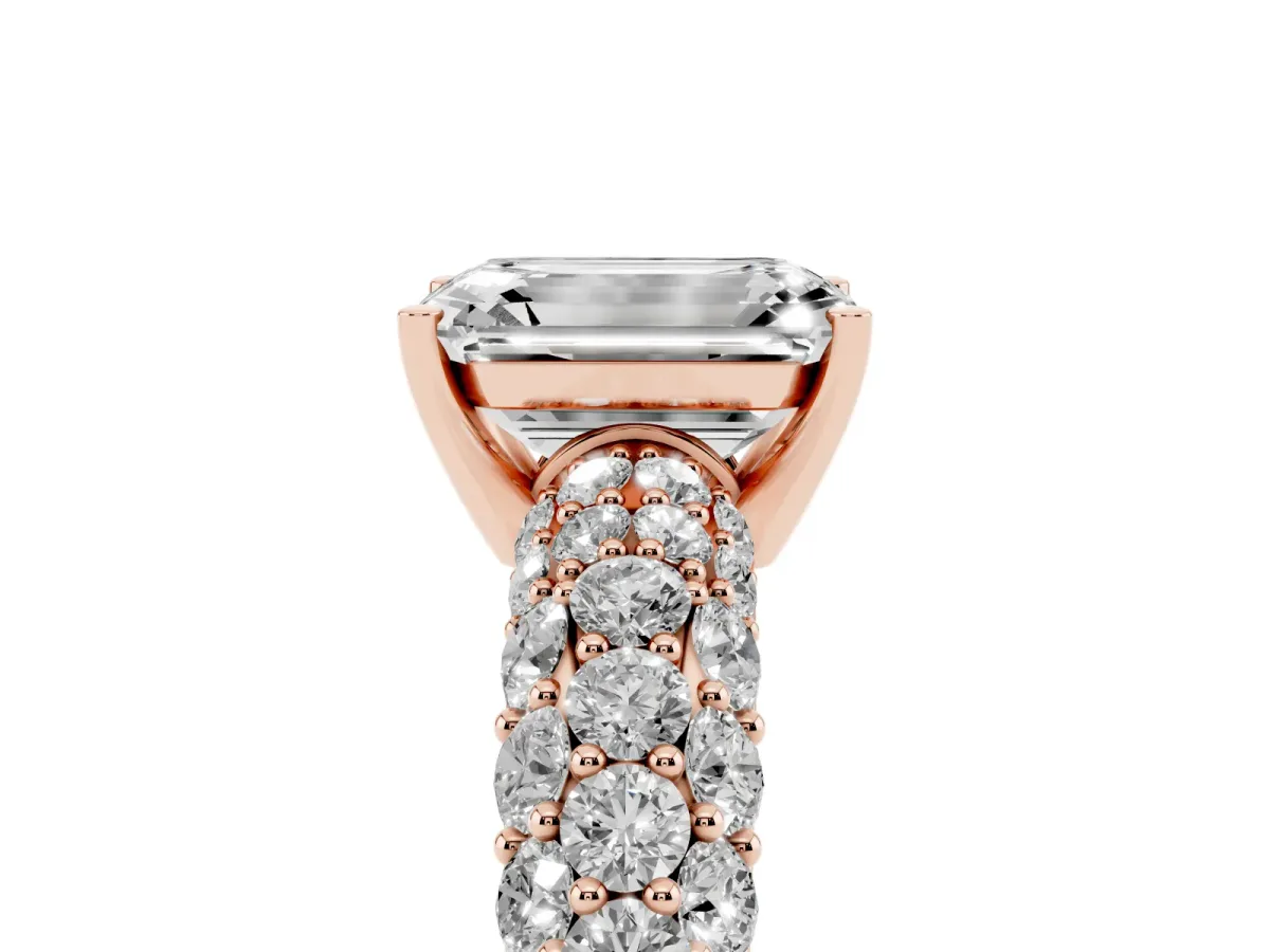 Emerald Cut Diamond Pavé Band Solitaire Ring with Four-Prong Setting Rose gold