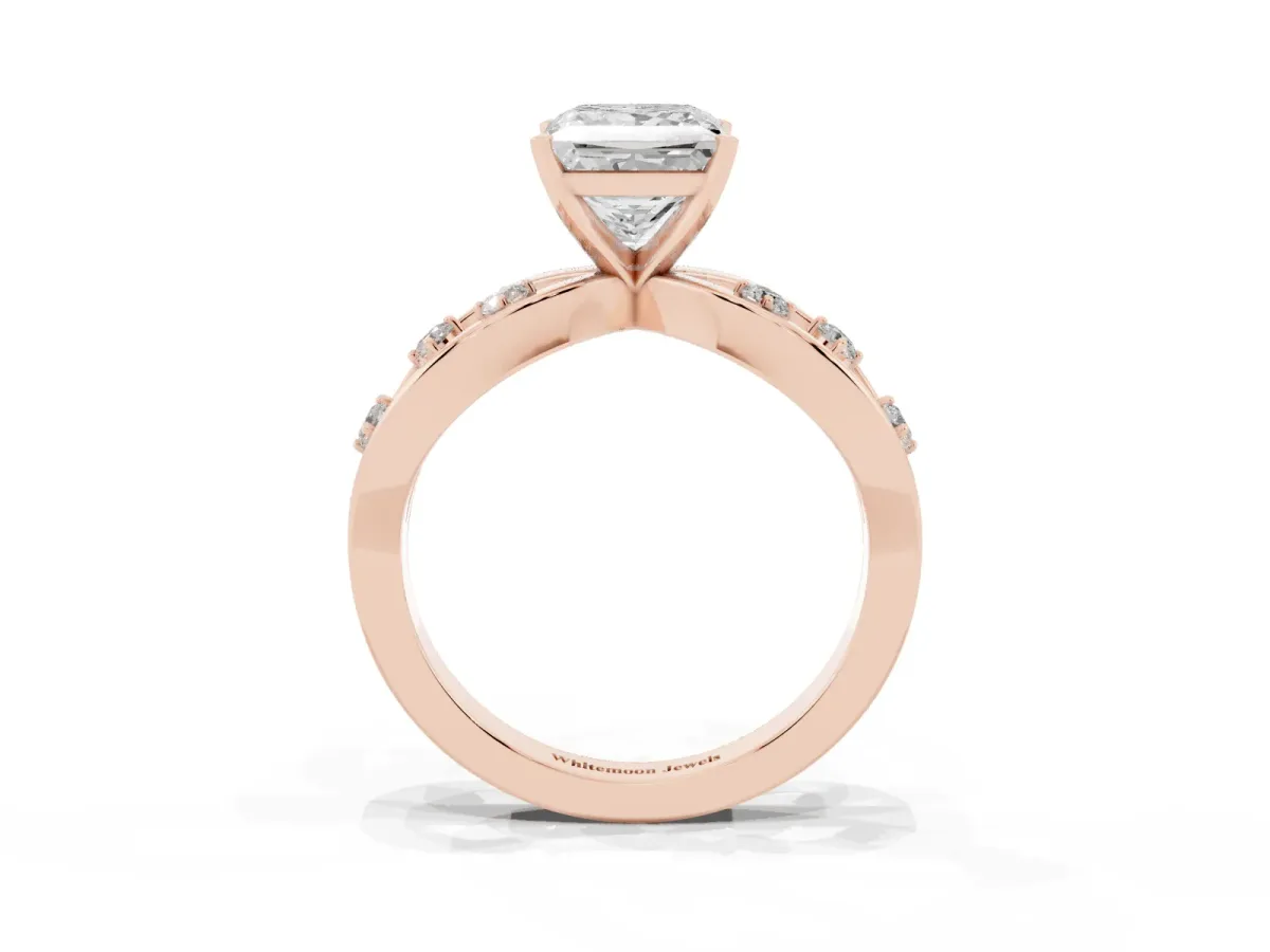 Princess Cut Cut Solitaire Diamond with Side Stones on Criss-Cross Band and Four-Prong Setting Rose gold