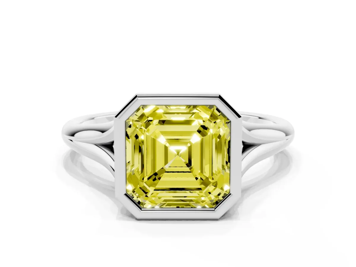 Fancy Yellow Bezel Set Asscher Cut Cut Solitaire Ring with Tapered Band Silver