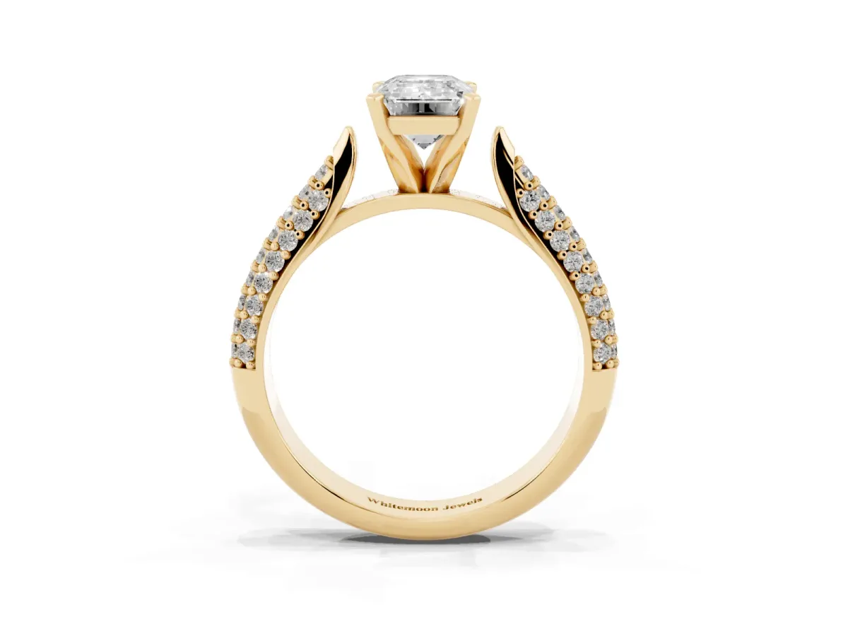 Emerald Cut Diamond Solitaire Engagement Ring with Multi-Row Round Pavé Band and Prong Setting Yellow gold