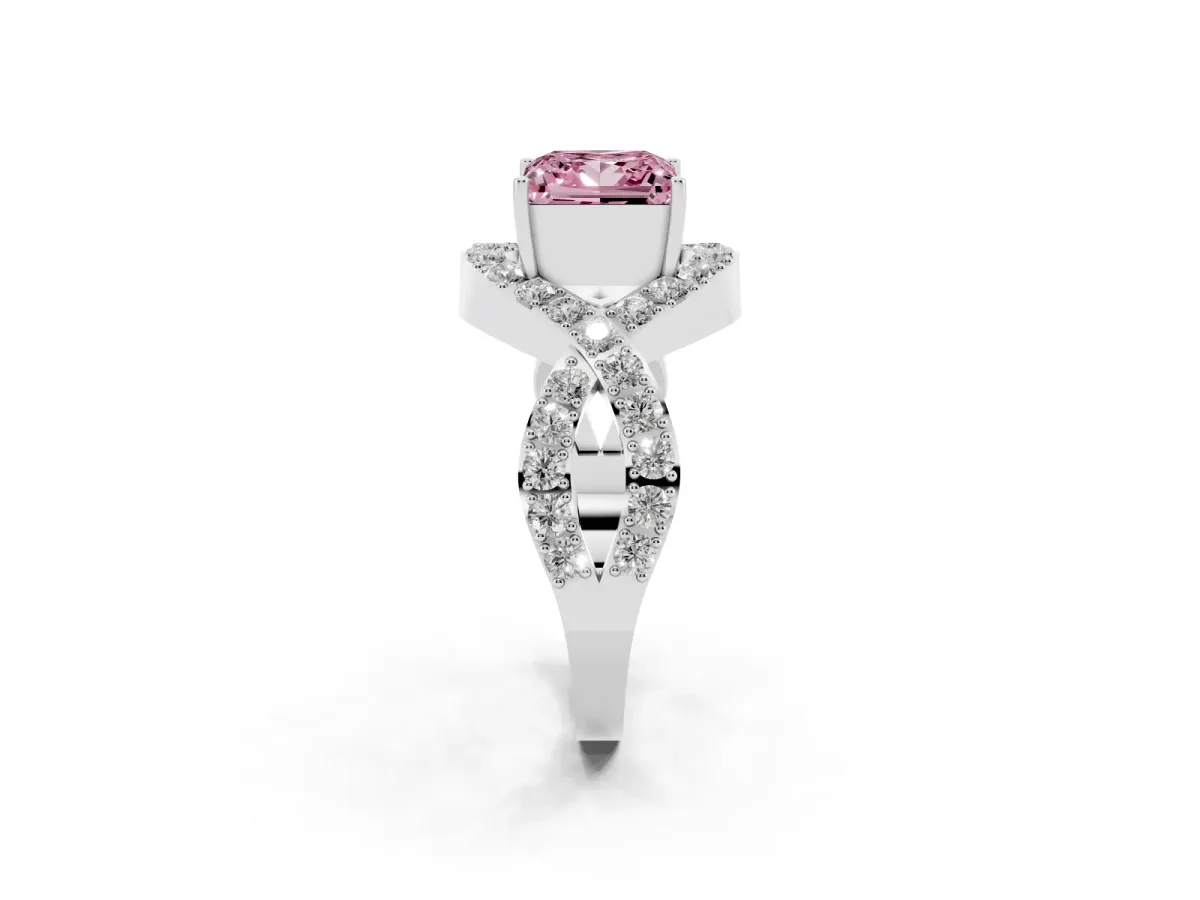 Fancy Pink Princess Cut Solitaire Twist Band Pavé Diamond Engagement Ring Silver