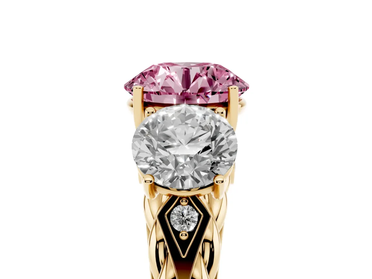 Fancy Pink Three-Stone Round Cut Diamond Braided Band Ring with Four-Prong Setting Yellow gold