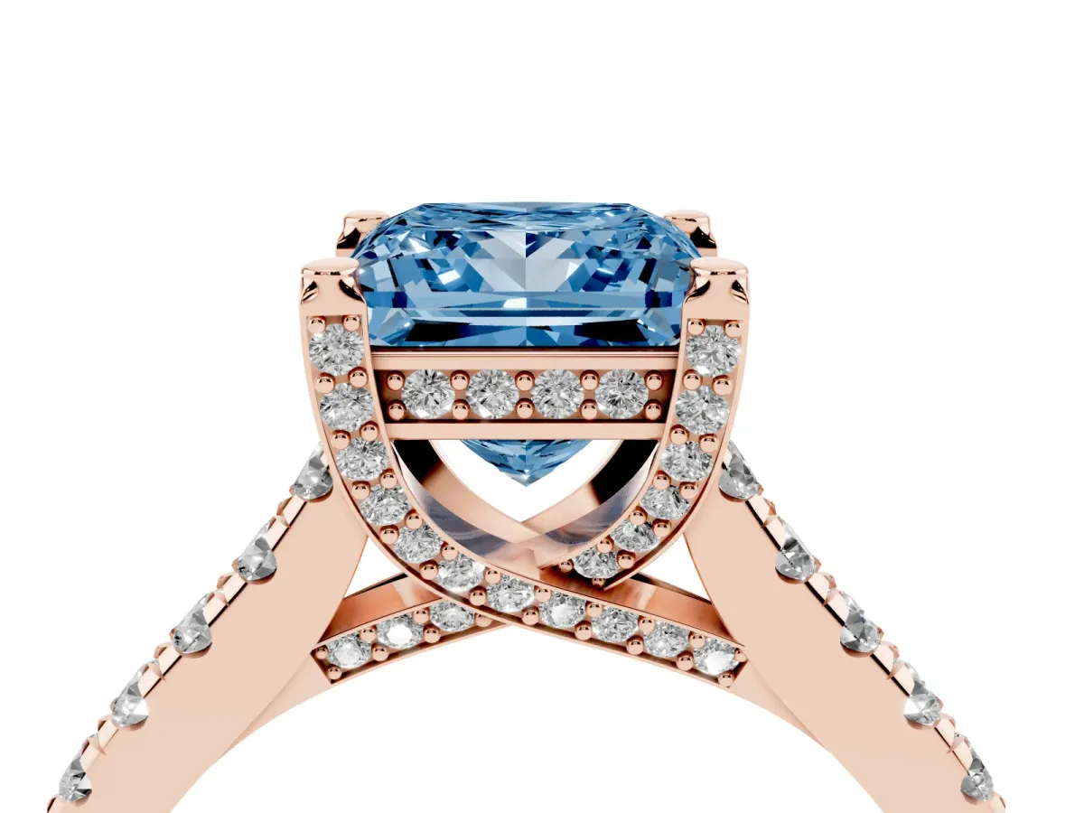 Fancy Blue Princess Cut Brilliant Diamond Solitaire with Pavé Band and Four-Prong Setting Rose gold