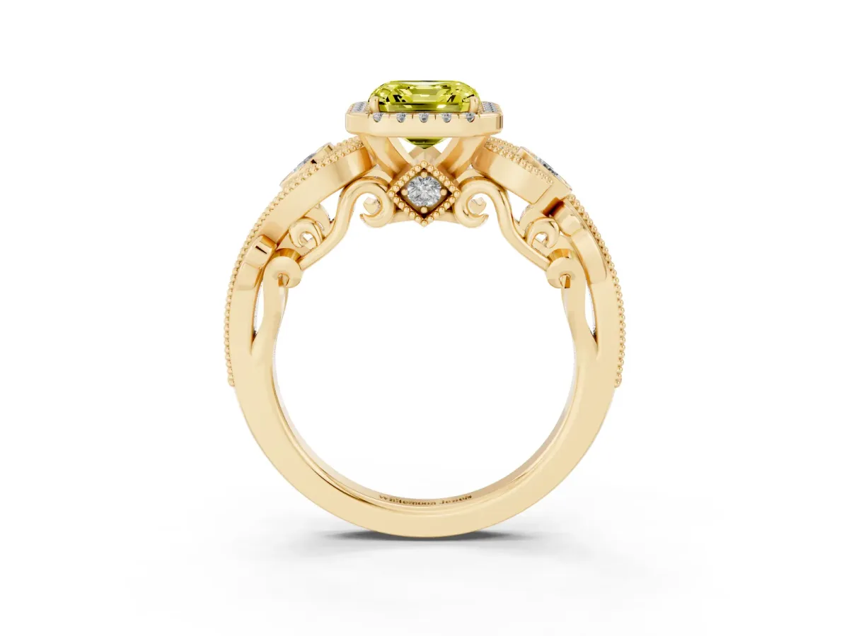 Fancy Yellow Asscher Cut Halo Diamond Ring with Milgrain and Bezel Accents on a Split Shank Band Yellow gold