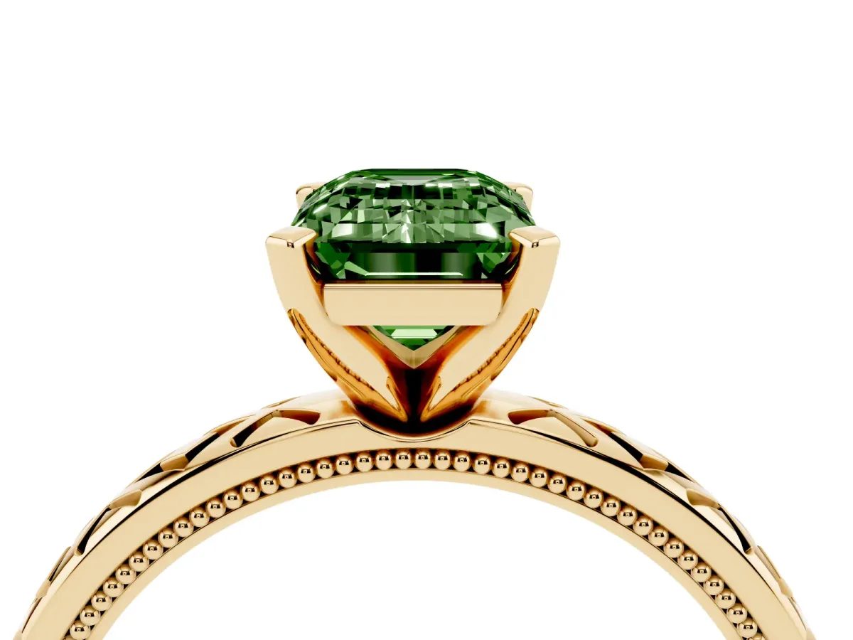 Fancy Green Emerald Cut Solitaire Diamond Ring with Milgrain and Black Enamel X Pattern Band Yellow gold