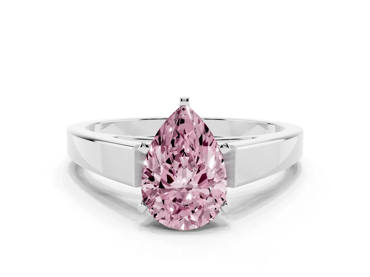 Fancy Pink Pear Cut Solitaire Engagement Ring with Four-Prong Setting and Tapered Band Platinum