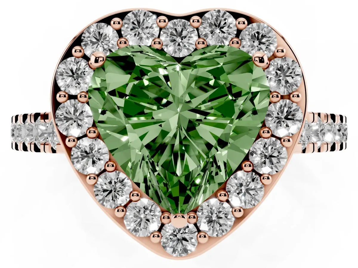 Fancy Green Heart Cut Diamond Halo Ring with Round Pavé Split Shank and Prong Setting Rose gold