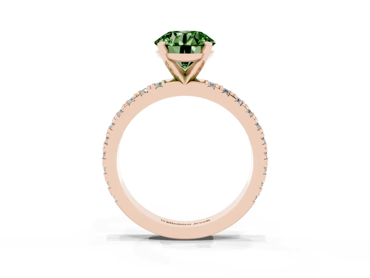 Fancy Green Round Cut Diamond Pavé Band Solitaire with Four-Prong Setting Rose gold
