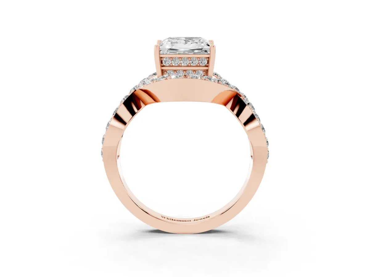 Princess Cut Solitaire Twist Band Pavé Diamond Engagement Ring Rose gold