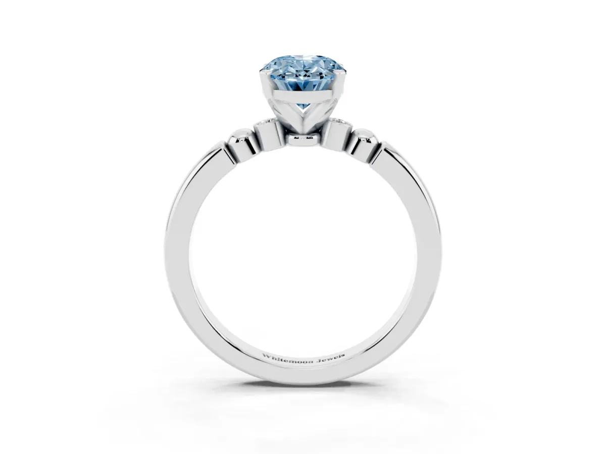 Fancy Blue Oval Cut Solitaire Beaded Band with Four-Prong Setting White gold