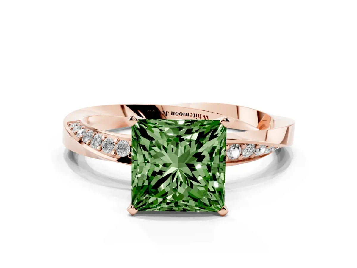 Fancy Green Princess Cut Diamond Engagement Ring with Side Stone Accents and Four-Prong Setting Rose gold