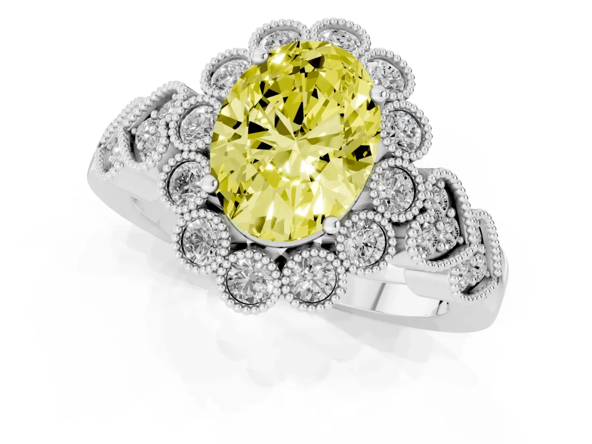 Fancy Yellow Oval Cut Brilliant Milgrain Pave Heart Band Solitaire Ring Silver
