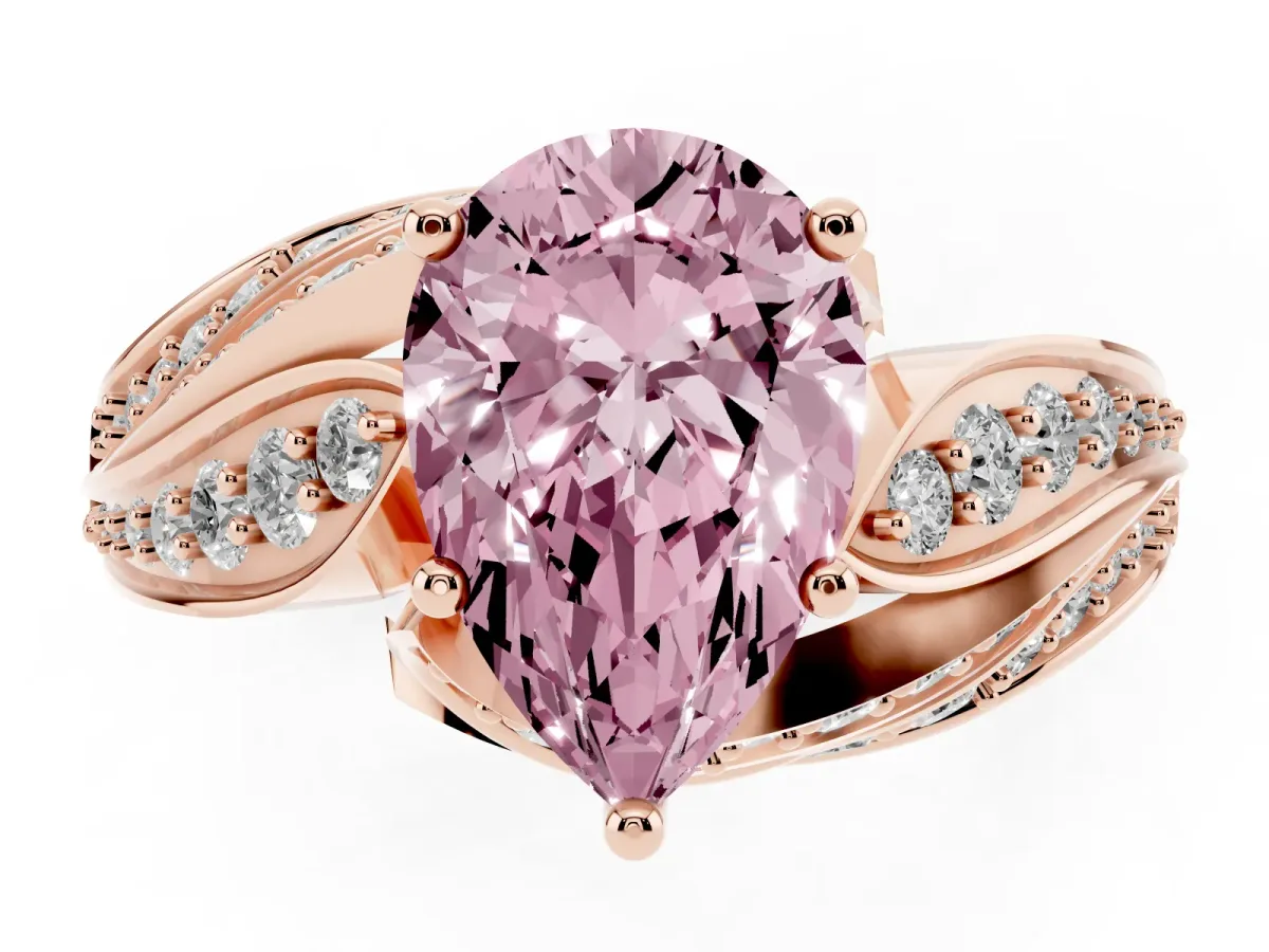 Fancy Pink Pear Cut Diamond Solitaire Ring with Prong Setting and Twisted Pavé Band Rose gold