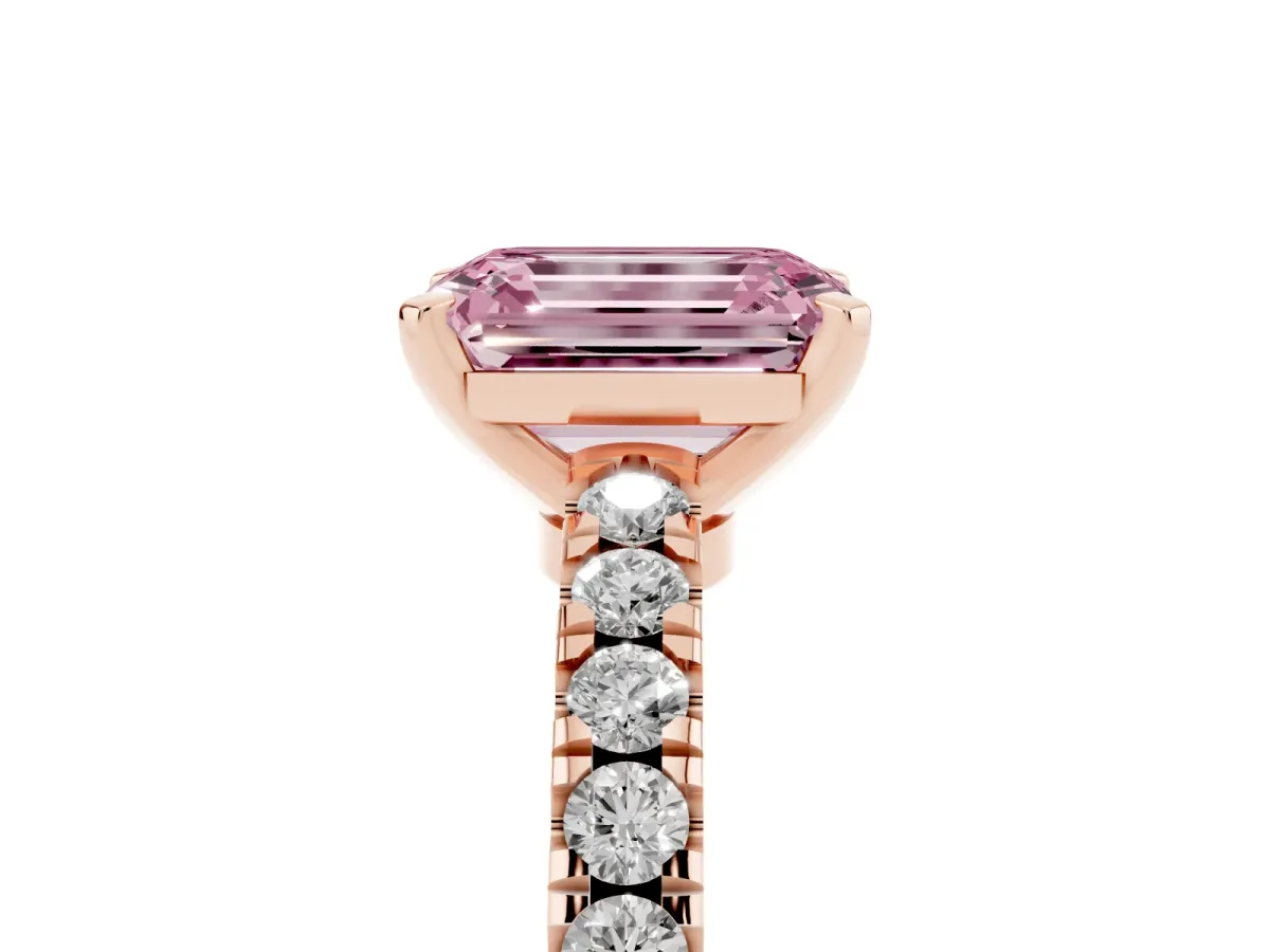 Fancy Pink Emerald Cut Solitaire Diamond with Pavé Band and Four-Prong Setting Rose gold