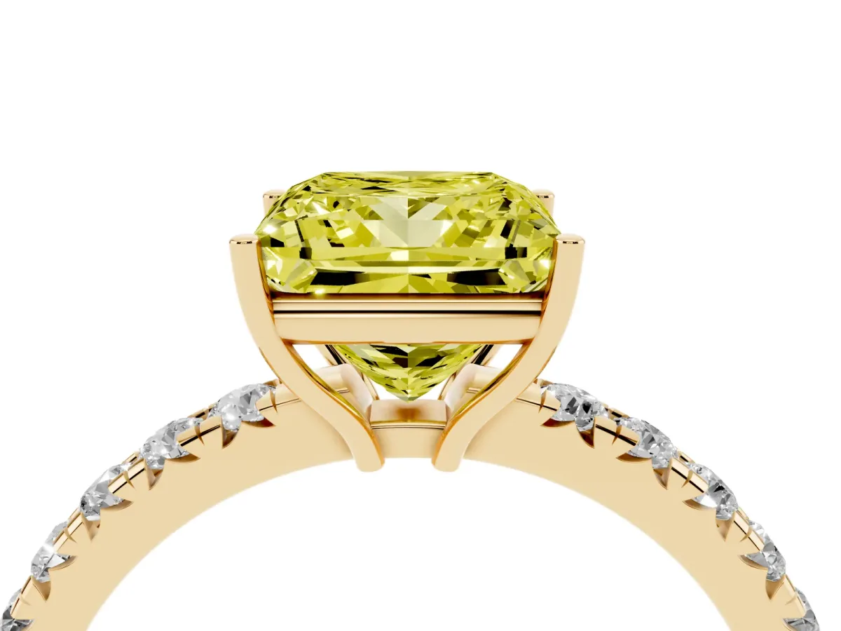 Fancy Yellow Princess Cut Diamond Pavé Solitaire Engagement Ring with Four-Prong Setting Yellow gold