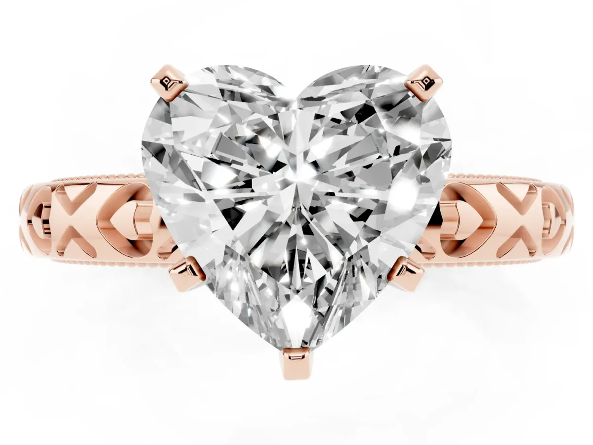 Heart Cut Solitaire Diamond Engagement Ring with XO Engraved Band and Four-Prong Setting Rose gold