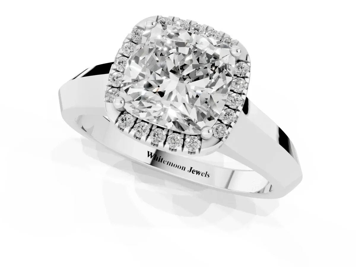 Cushion Cut Halo Diamond Ring with Cathedral Band and Four-Prong Setting Silver