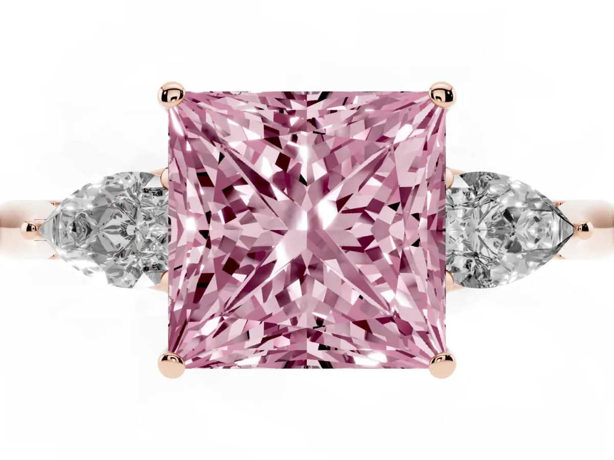 Fancy Pink Princess Cut Diamond Three-Stone Ring with Pear Side Stones and Prong Setting Rose gold