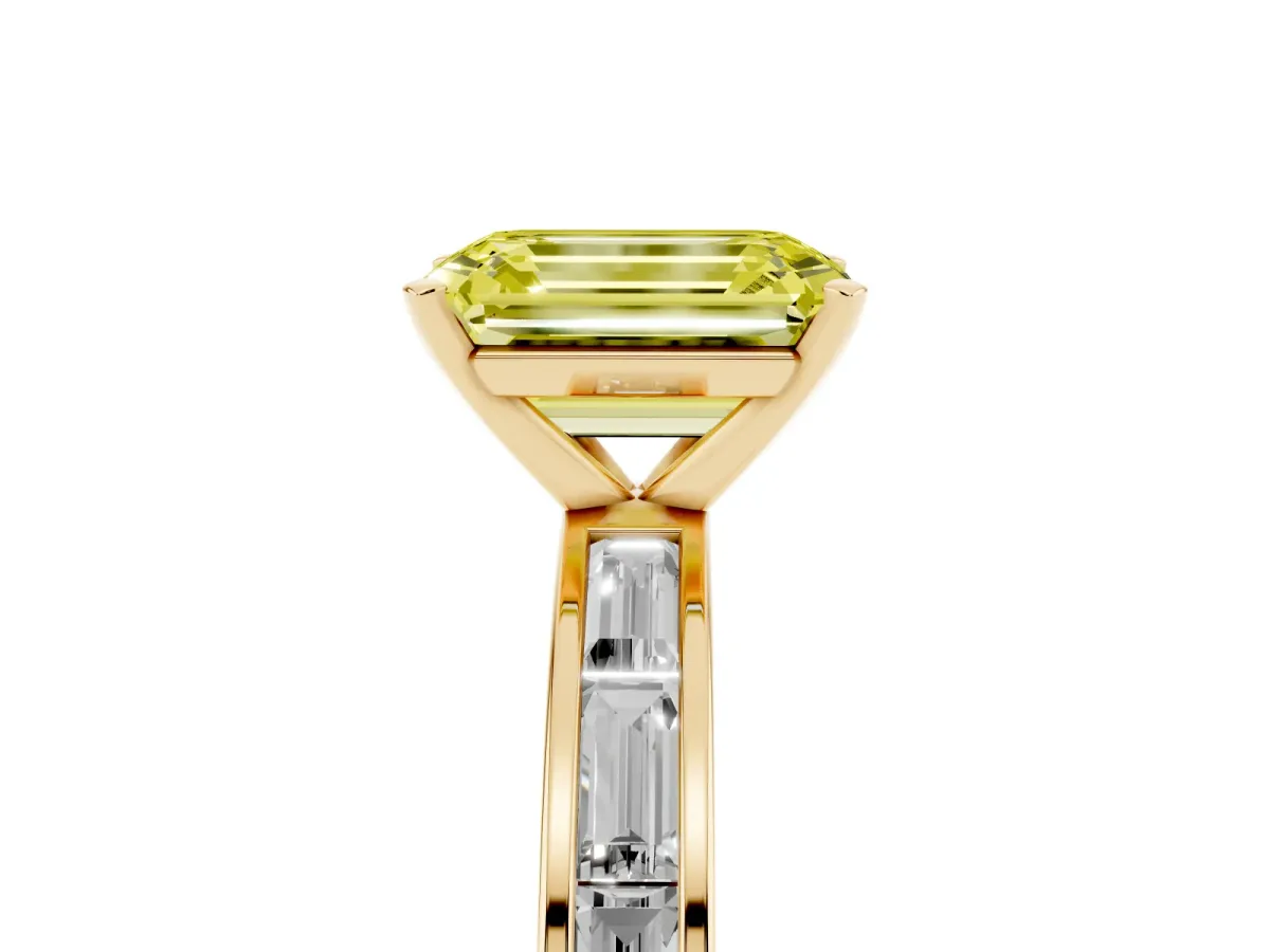 Fancy Yellow Emerald Cut Solitaire Diamond Ring with Channel-Set Baguette Band and Four-Prong Setting Yellow gold