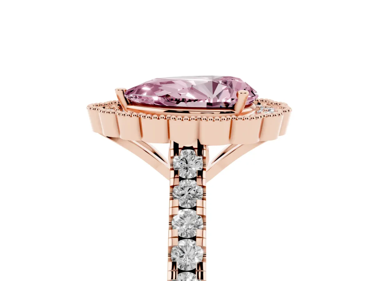Fancy Pink Pear Cut Cut Diamond Milgrain Floral Halo Engagement Ring with Pavé Band Rose gold
