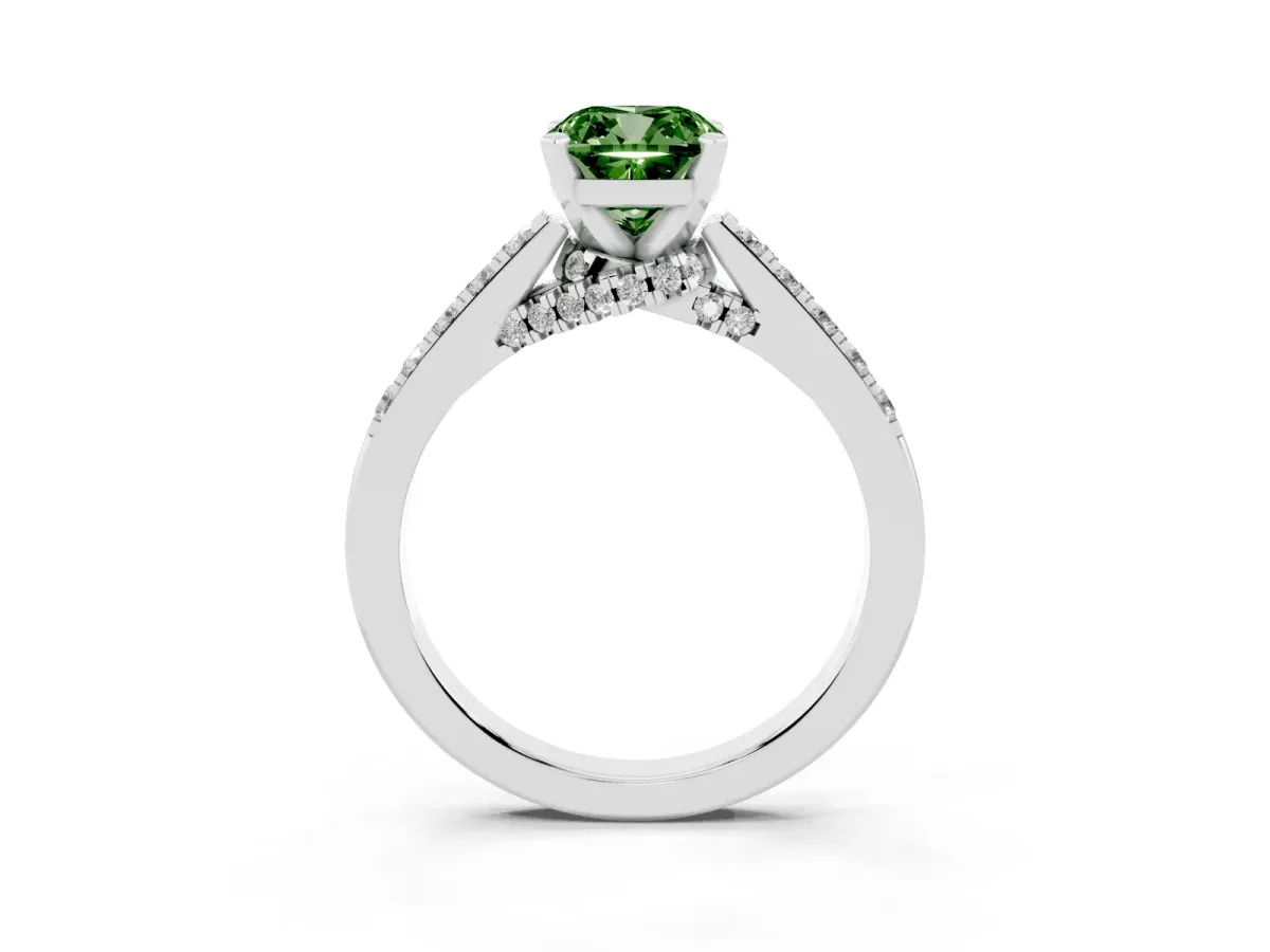 Fancy Green Cushion Cut Diamond Solitaire Ring with Crossover Gallery and Round Pavé Band Platinum