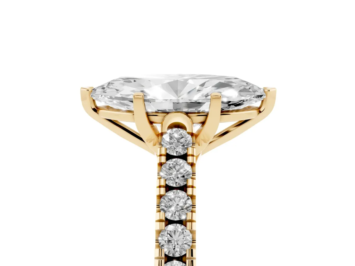 Marquise Cut Diamond Pavé Band Solitaire Ring with Prong Setting Yellow gold