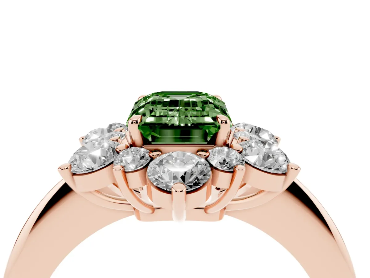 Fancy Green Emerald Cut Diamond Cluster Halo Ring with Solitaire Band and Four-Prong Setting Rose gold