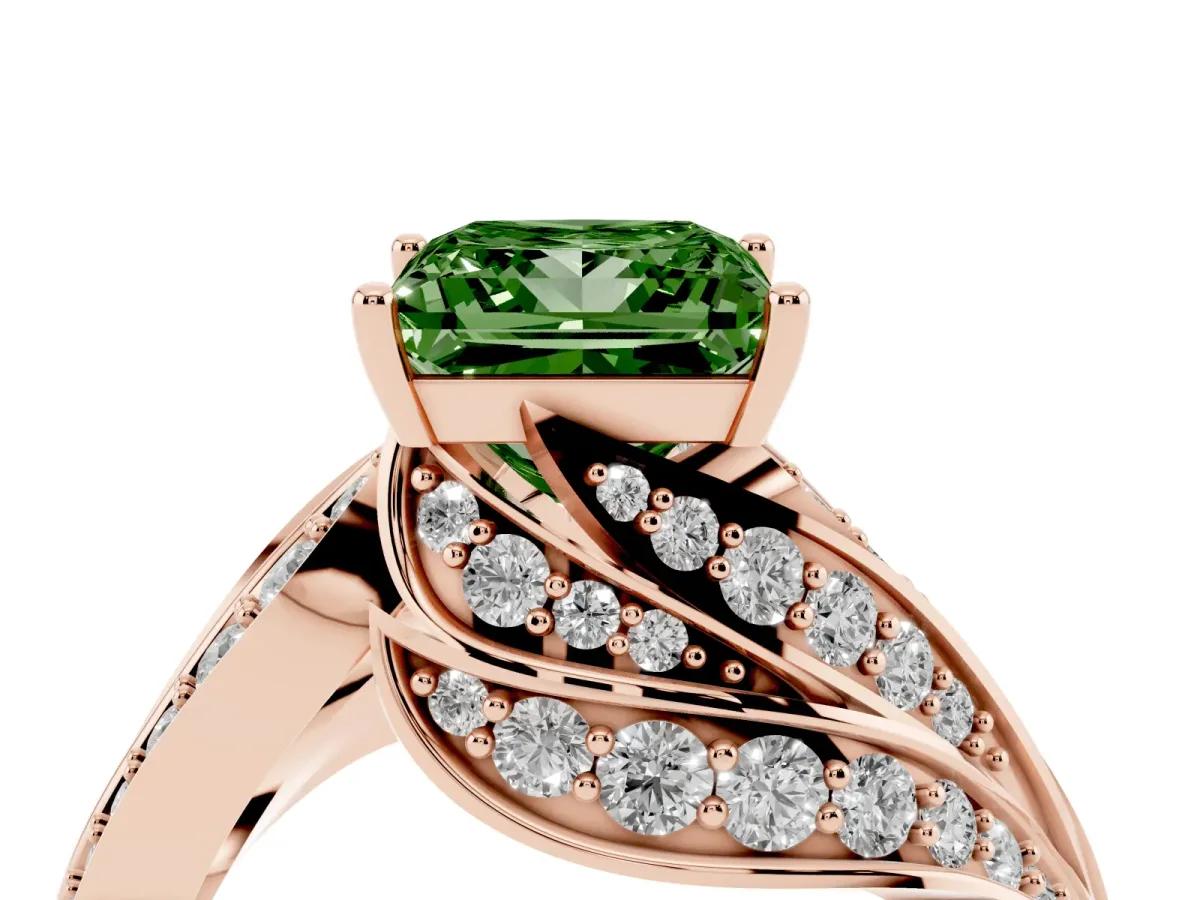 Fancy Green Princess Cut Diamond Solitaire Ring with Prong Setting and Twisted Pavé Band Rose gold